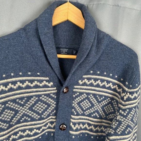 J.Crew Mens Blue Lambswool Fair Isle Shawl Collar Cardigan Sweater B3981 Small - Picture 4 of 9